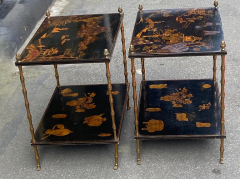  Maison Bagu s 1950 Pair of Maison Bagu s Tables Bamboo Decor in Gilt Bronze with Chinese Lacq - 3008488