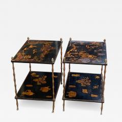  Maison Bagu s 1950 Pair of Maison Bagu s Tables Bamboo Decor in Gilt Bronze with Chinese Lacq - 3008778