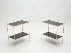  Maison Bagu s Pair of French Maison Bagu s bamboo brass black top two tier end tables 1960s - 1837058