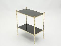  Maison Bagu s Pair of French Maison Bagu s bamboo brass black top two tier end tables 1960s - 1837068