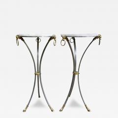  Maison Bagu s Pair of Italian Brushed Steel and Brass Pedestals with Travertine Tops - 4490969