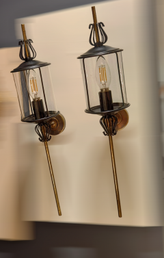  Maison Lunel Black Enameled Steel Tole Brass and Glass Sconces by Lunel France 1960s - 3482747