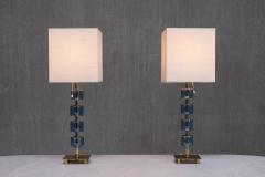  Malm metallvarufabrik AB Pair of Malm Metallvarufabrik Brass and Blue Glass Table Lamps Sweden 1950s - 4328052