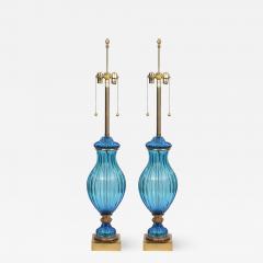  Marbro Lamp Company Large Pair of Vintage Blue Murano Glass Lamps Marbro - 2930684