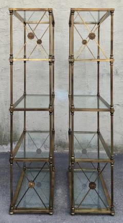  Mastercraft Mastercraft Attribution Pair Aged Brass Glass Etegeres 1960s Classical Styling - 3165471