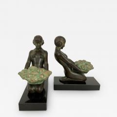  Max Le Verrier Original Max Le Verrier Cueillette Art Deco Style Bookends in Spelter and Marble - 2710317