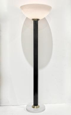  Mazzega Murano 1950s Italian Art Deco Design White Murano Glass Black Lacquered Wood Floor Lamp - 4011343