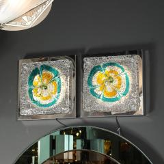  Mazzega Murano Mid Century Hand Blown Mottled Murano Turquoise Citrine Sconces by Mazzega - 3898676