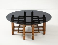  McGuire Furniture John and Elinor McGuire McGuire Bamboo Coffee Table Leather Straps Brass and Grey Glass Round Top - 4211235