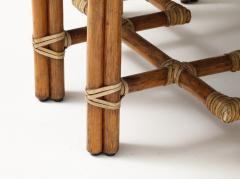  McGuire Furniture John and Elinor McGuire McGuire Bamboo Coffee Table Leather Straps Brass and Grey Glass Round Top - 4211242