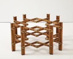  McGuire Furniture John and Elinor McGuire McGuire Bamboo Coffee Table Leather Straps Brass and Grey Glass Round Top - 4211248