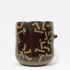  Morino Hiroaki Taimei Two handled Double lipped Flower Vase Aubergine with Gold and Green - 3074352