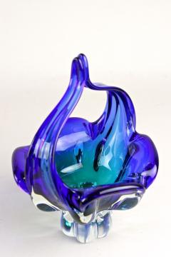  Murano Glass Sommerso Blue Murano Glass Basket Bowl With Curved Handles Mid Century IT ca 1960 - 4467430