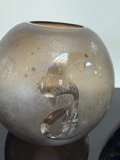  Murano Italian Smoky Murano Glass Vase with Etched Fish Motif 1970s - 4540897