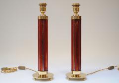  Murano Pair of Italian Modernist Murano Reeded Glass and Brass Column Table Lamps - 3519216