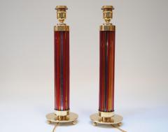  Murano Pair of Italian Modernist Murano Reeded Glass and Brass Column Table Lamps - 3519217