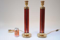  Murano Pair of Italian Modernist Murano Reeded Glass and Brass Column Table Lamps - 3519218