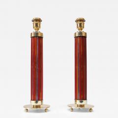  Murano Pair of Italian Modernist Murano Reeded Glass and Brass Column Table Lamps - 3521260