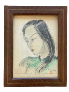  N guyen Phan Long Superb pair of drawings on paper depicting two young girls - 3567935