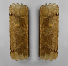  Nils Landberg Pair of Swedish Mid 20th Cent Crocodile Textured Amber Glass Wall Sconces - 466696