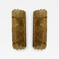  Nils Landberg Pair of Swedish Mid 20th Cent Crocodile Textured Amber Glass Wall Sconces - 470592