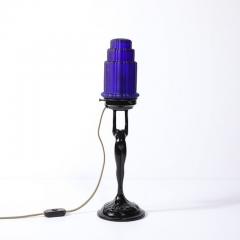  Nuart Creations Art Deco Cobalt Blue Glass Black Enamel Nude Sculpture Table Lamp signed Nuart - 4465510