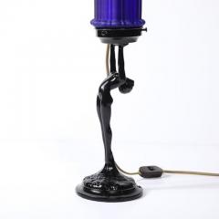  Nuart Creations Art Deco Cobalt Blue Glass Black Enamel Nude Sculpture Table Lamp signed Nuart - 4465512