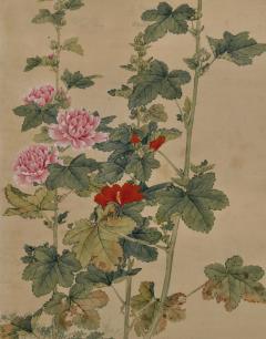  Obata Tosho Mid 19th Century Framed Japanese Painting Snail Wasp Hollyhock  - 3848069