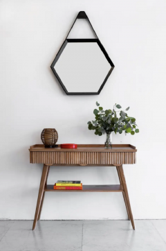  Orange Furniture BEVERLY OAK AND LEATHER HEXAGON MIRROR BY ORANGE LOS ANGELES - 1252380