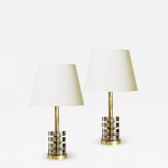  Orrefors Pair of Deco Inspired Lamps in Crystal and Brass by Carl Fagerlund - 1698642