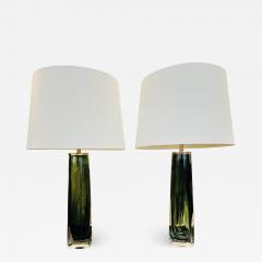  Orrefors Pair of Large Green Swedish Orrefors Crystal 1950s Table Lamps - 3333677