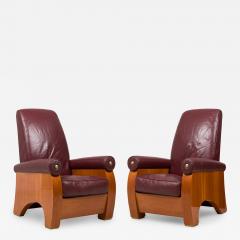  Pace Collection Pair of Pace Collection Modern High Back Mahogany and Burgundy Leather Chairs - 4289854