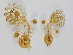 Palwa Pair of Ernst Palme Gilt Brass Crystal Flower Wall Lights Palwa Germany 1970s - 4054842