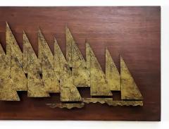  Peter Pepper Products Overscale 1960s Peter Pepper Brass Sail Boats Wall Sculpture on Wood - 4045398