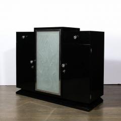  Pierre Gilles Rare Art Deco Black Lacquer Frosted Relief Glass Cabinet Signed Pierre Gilles - 3276376