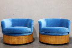  Plycraft Walnut Finish Barrel Swivel Lounge Chairs in Blue Mohair - 2866551