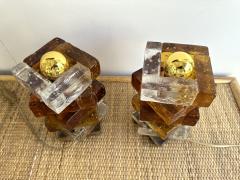  Poliarte Pair of Amber Glass Cube Lamps by Poliarte Italy 1970s - 3161553