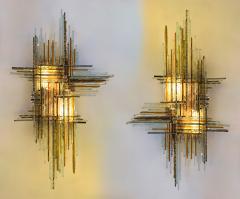  Poliarte Pair of Hammered Glass Wrought Iron Sconces by Biancardi Italy 1970s - 4413353