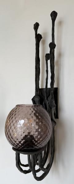  Pozzebon Pair of Wrought Iron and Glass Sconces by Pozzebon Italy 1970s - 4477257