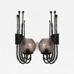  Pozzebon Pair of Wrought Iron and Glass Sconces by Pozzebon Italy 1970s - 4477411