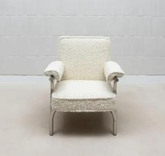  R Y Augousti Pair of Boucl Armchairs and Ottoman with Polished Steel Accents by R Y Augousti - 3847099