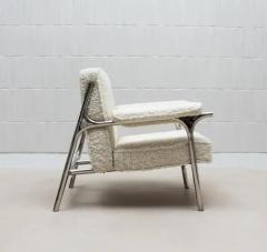  R Y Augousti Pair of Boucl Armchairs and Ottoman with Polished Steel Accents by R Y Augousti - 3847103