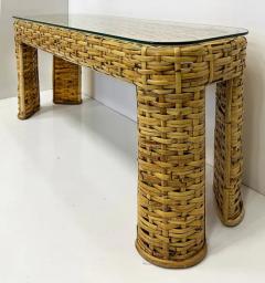  Ralph Lauren Vintage Woven Rattan Console Table Glass Top Ralph Lauren Style - 4045432