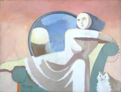  Robert Casper Large Vintage Robert Casper Abstract Painting Woman and Cat 1977 - 3549828