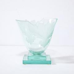  Robert Guenther Frosted and Etched Cut Glass Leaf Vase Bowl on Geometric Base by Robert Guenther - 3108641