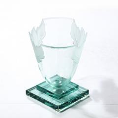 Robert Guenther Frosted and Etched Cut Glass Leaf Vase Bowl on Geometric Base by Robert Guenther - 3108648