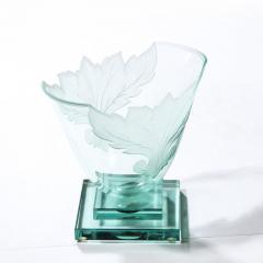  Robert Guenther Frosted and Etched Cut Glass Leaf Vase Bowl on Geometric Base by Robert Guenther - 3108649