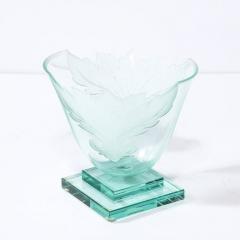  Robert Guenther Frosted and Etched Cut Glass Leaf Vase Bowl on Geometric Base by Robert Guenther - 3108707