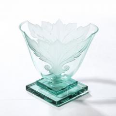  Robert Guenther Frosted and Etched Cut Glass Leaf Vase Bowl on Geometric Base by Robert Guenther - 3108712