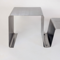 Roche Bobois STAINLESS STEEL COFFEE TABLE AND MOHAIR STOOL ROCHE BOBOIS R D 1970  - 4335355